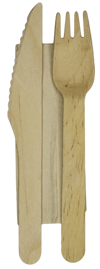 Einweg Besteck-Set aus Holz: Messer, Gabel und Serviette