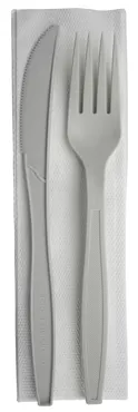 Set de couverts jetable en PLA, blanc, fourchette, couteau, serviette