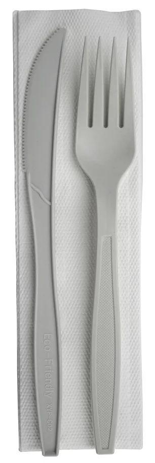 Einweg Besteck-Set aus PLA, weiss, 3-teilig, Gabel, Messer, Serviette