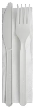 Set de couverts jetable en CPLA, blanc, fourchette, couteau, serviette