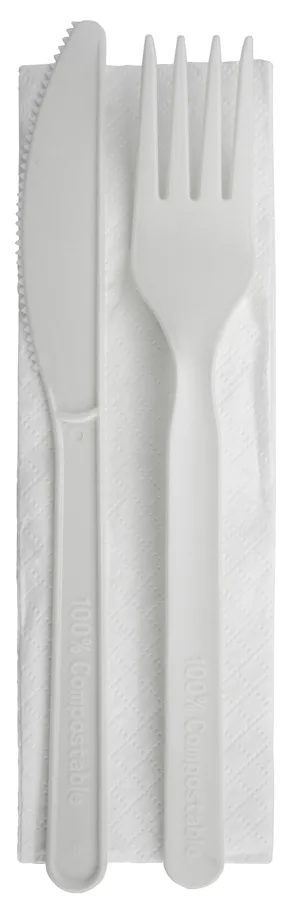 Set de couverts jetable en CPLA, blanc, fourchette, couteau, serviette