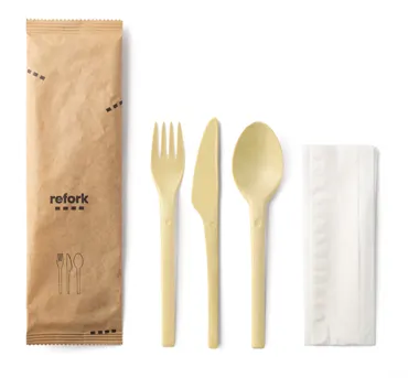 Einweg Besteck-Set Refork, beige, 4-teilig, Gabel, Messer, Löffel, Serviette