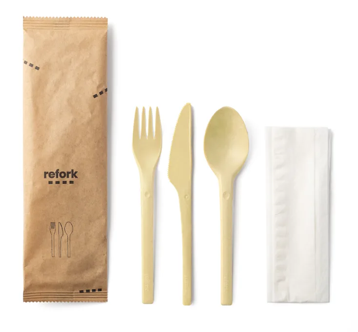 Einweg Besteck-Set Refork, beige, 4-teilig, Gabel, Messer, Löffel, Serviette