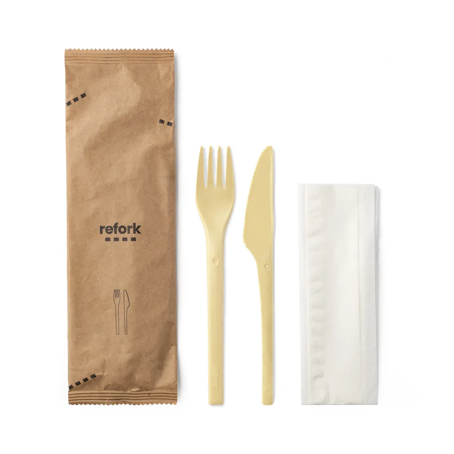 Einweg Besteck-Set Refork, beige, 3-teilig, Gabel, Messer, Serviette