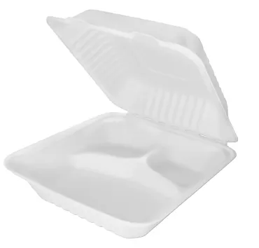 Boîte à menu jetable en bagasse, blanc, trois compartiments