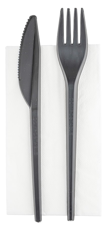 Set de couverts en CPLA comprenant un couteau, une fourchette et une serviette noire à 2 plis